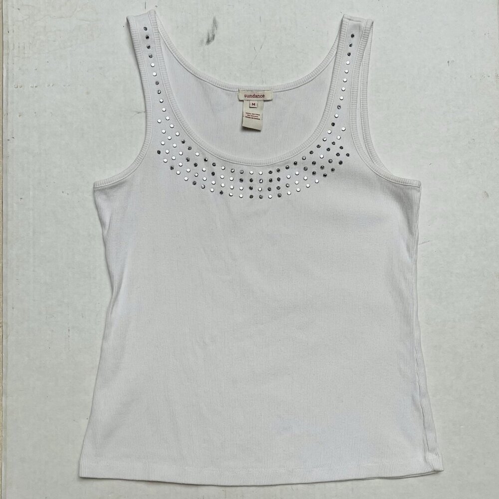 Sundance Tank Top Womens Medium Blouse Pullover White Faux Rhinestones Y2k Fairy